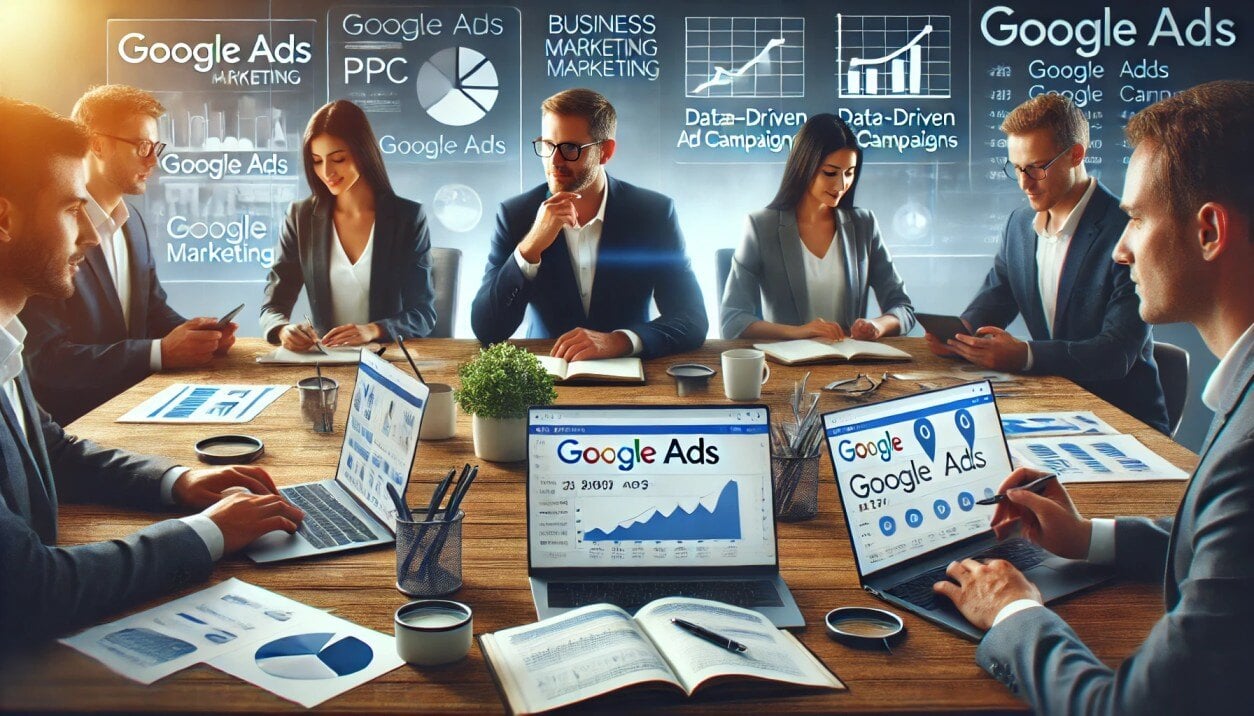 An image showing a business-focused, professional Google Ads marketing team working